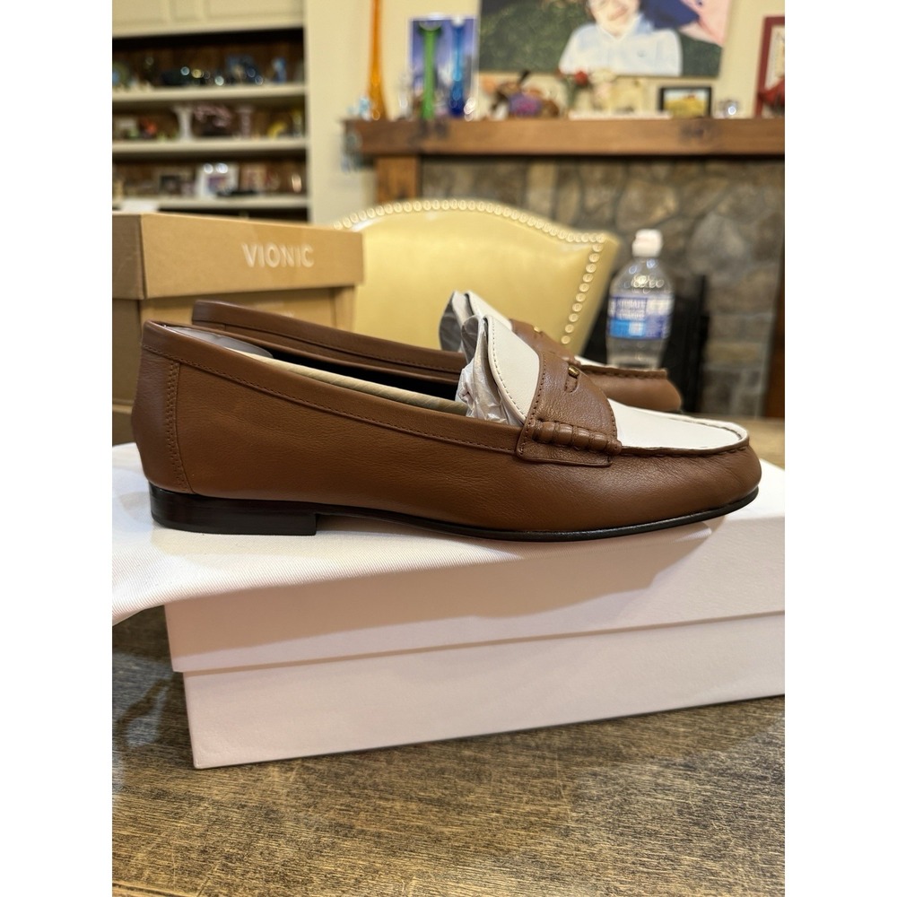 Veronica Beard Penny-2 leather loafers in a two-tone caramel and lily Size 8 - Picture 5 of 11
